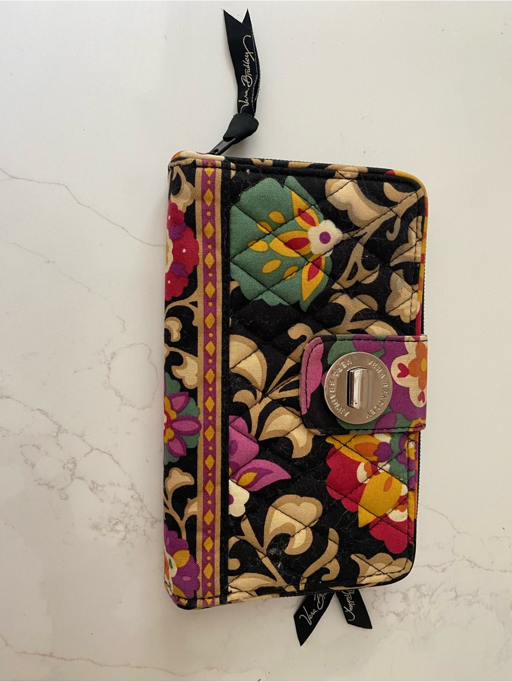 Vera Bradley Black Floral Quilted Zip Wallet with Multicolor Print